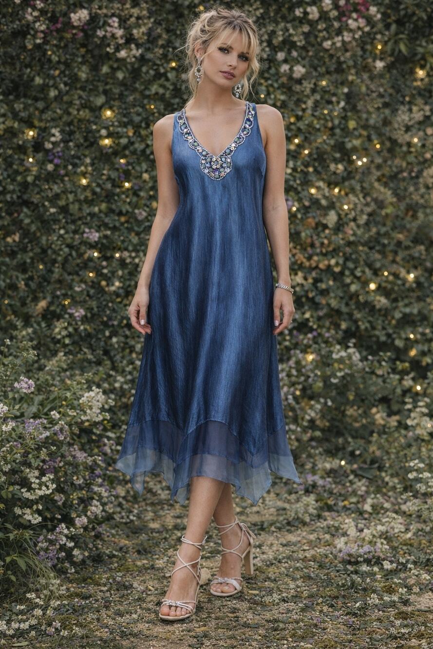 Komarov Beaded V-Neck Crinkle Silk Midi Dress Teal Blue Small Mermaid Fairy